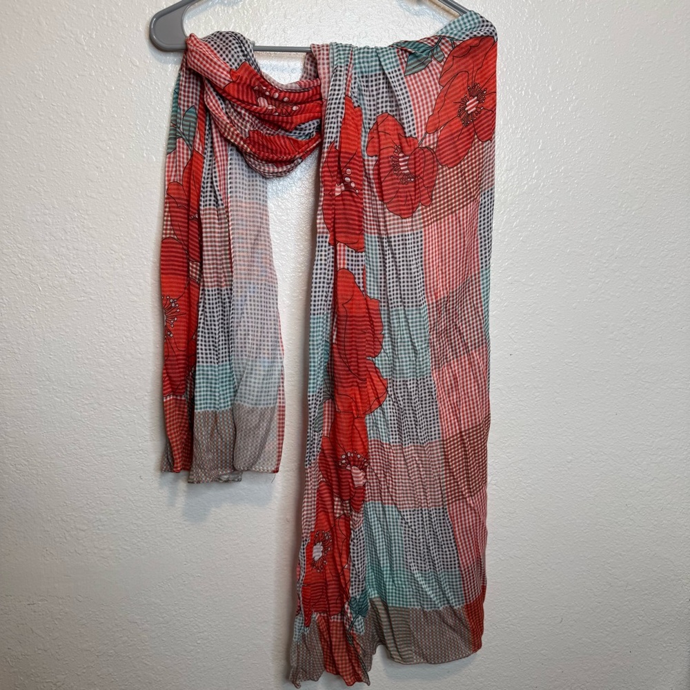 Cabi Floral Scarf with Micro Plaid Poppy Flowers Fashion Scarf